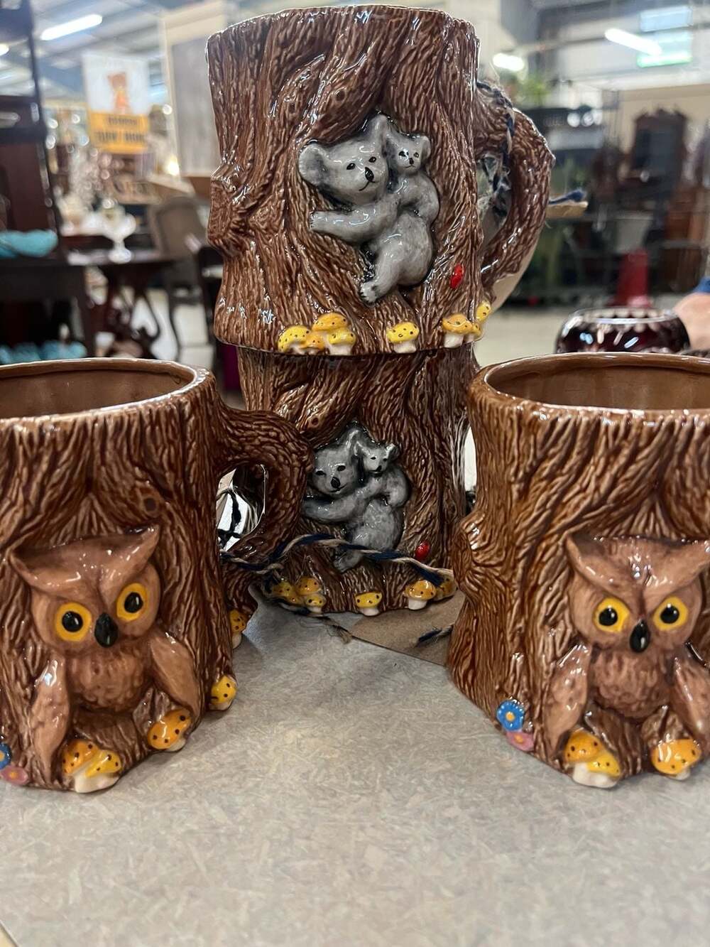 Vintage Forest Animal Ceramic Mugs - Set of 4, Owl & Koala 3D Tree Trunk Design